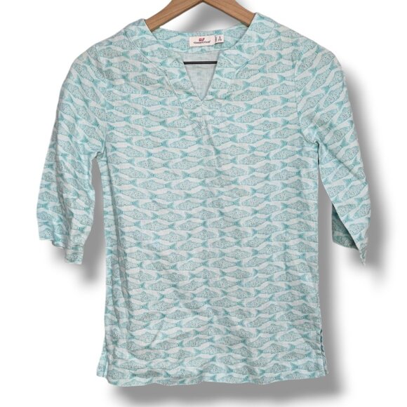 Vineyard Vines Other - Vineyard Vines 100% Linen Teal Fish Print Girls Dress Size Small 6-7 3/4 Sleeve